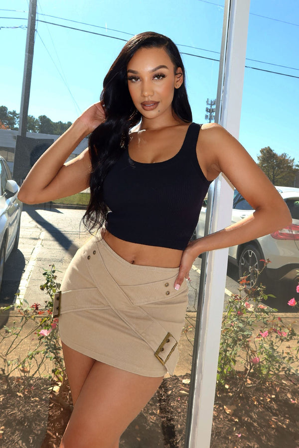 Xoxo Crossed Wide Belt Mini Skirt SKIRT EDGE Small Taupe